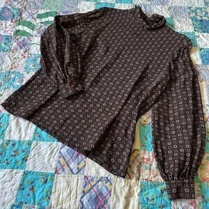Vintage 70s/80s DONCASTER Geo Print Balloon Sleeve Mockneck Equestrian Blouse M